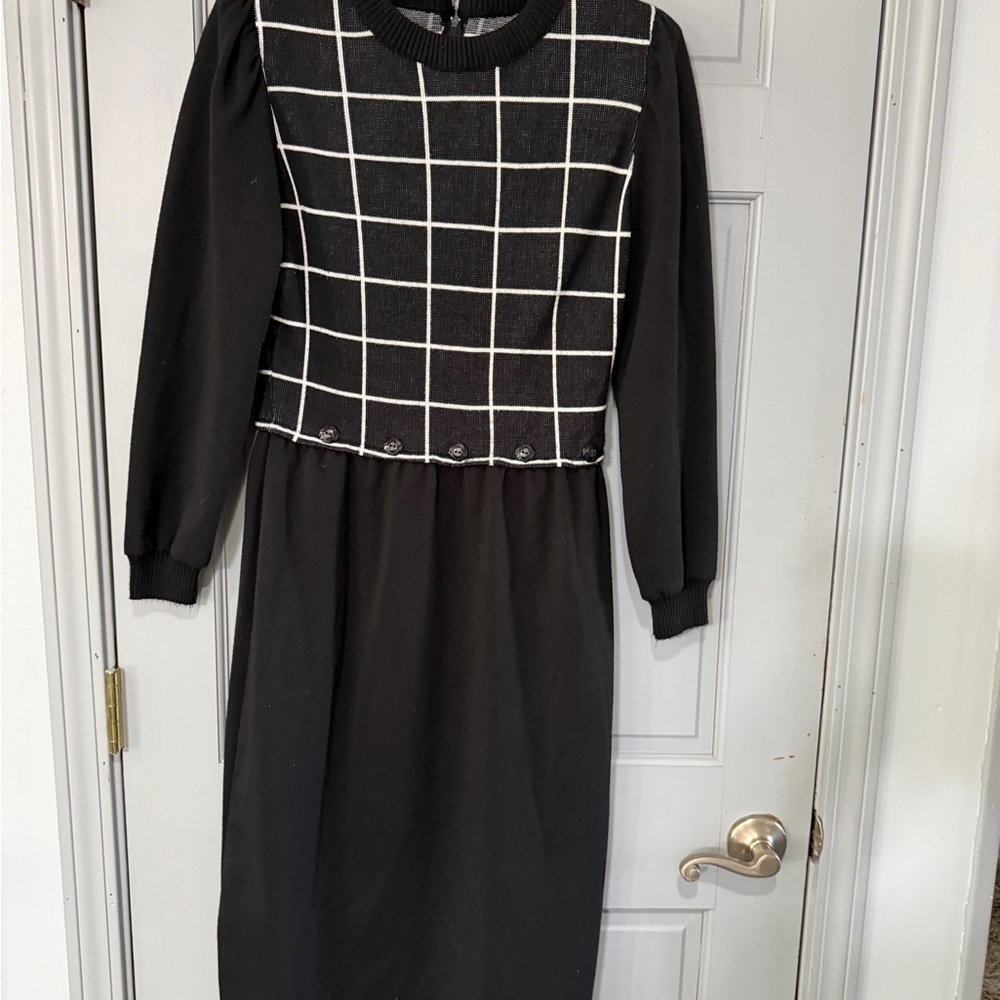 Vintage 80’s 90’s Union made Leslie Fay Black and White Grid Long Sleeve Dress - Picture 2 of 12